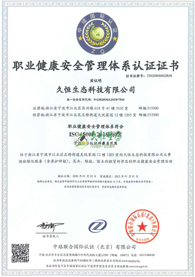 浦口职业健康安全管理体系ISO45001证书